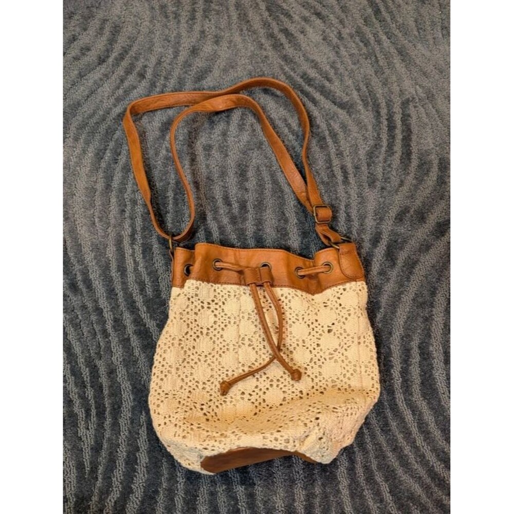 Payless Crochet Lace Drawstring Bucket Bag Faux Leather Trim Crossbody Purse
